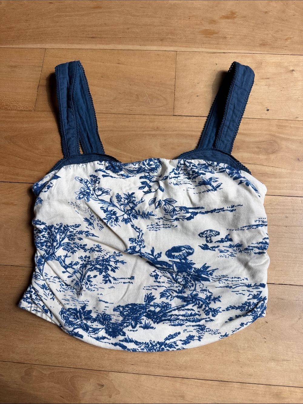 Free People White Crop Tank with Blue Toile Print